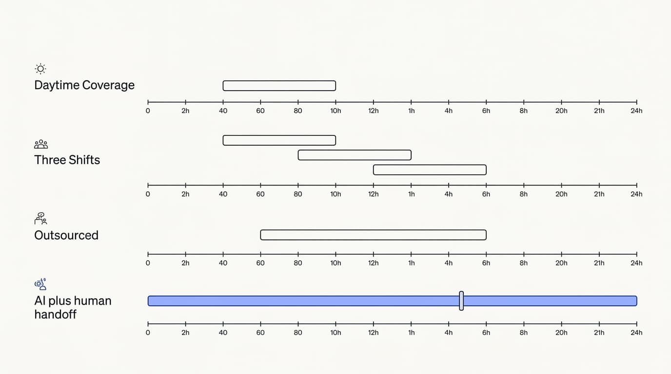 Line-art comparison of business-hours, three-shift, outsourced, and AI-plus-handoff coverage models across a 24-hour clock