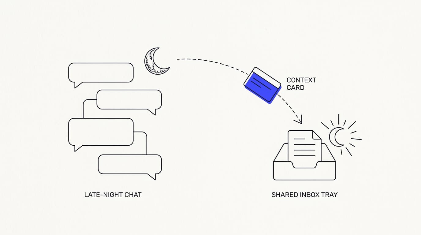 Line-art illustration of an after-hours escalation queuing into a shared inbox with full context for the morning shift