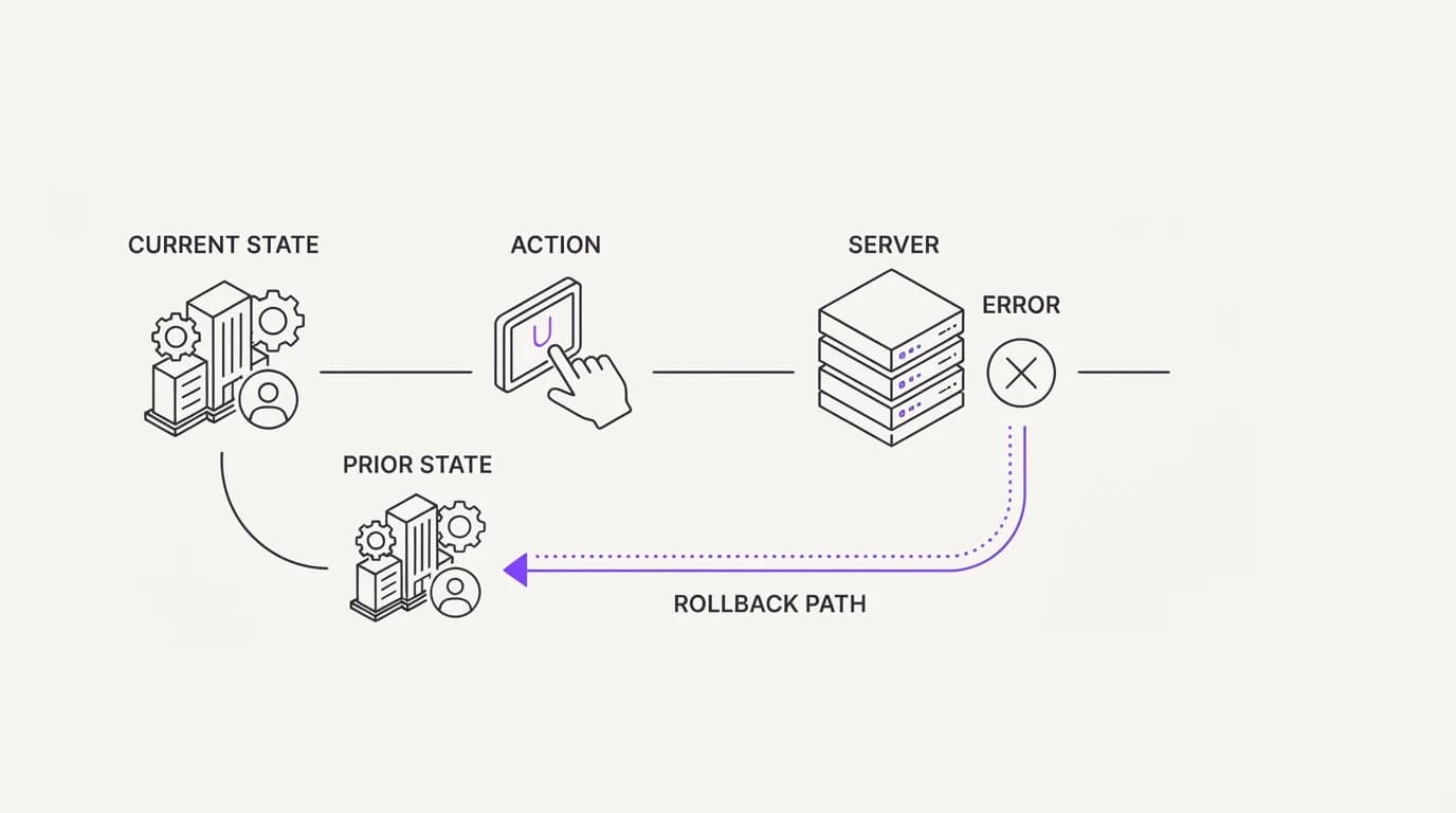 A rollback path branching from a failed action back to the customer's prior account state