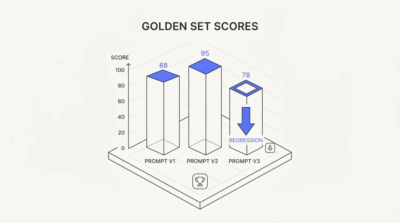 Bar chart comparing golden set scores across three prompt versions with one entry highlighted as a regression