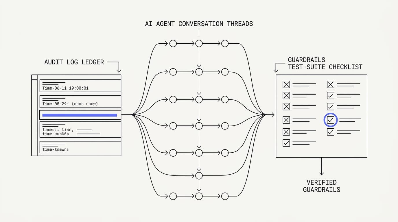 Line-art diagram of AI agent conversations flowing into an audit log and a test suite that verifies guardrails hold