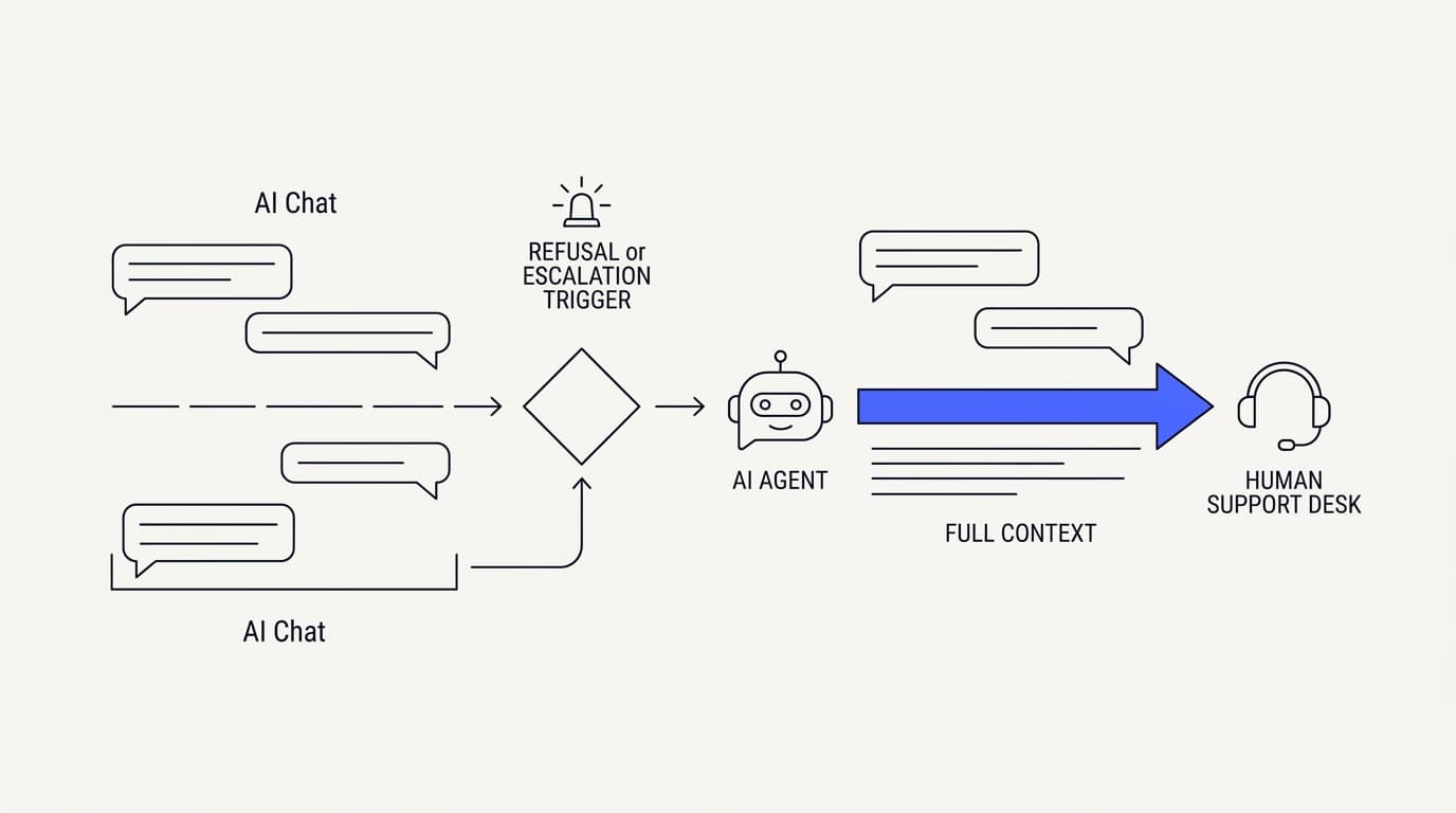 Line-art illustration of an AI agent handing a conversation to a human when it hits a refusal or escalation trigger