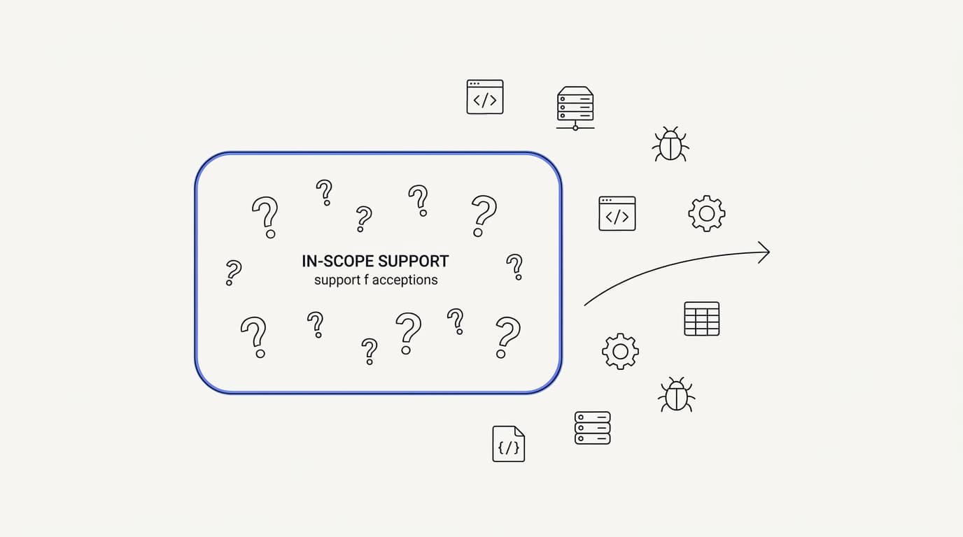 Line-art diagram of an AI agent scope boundary with in-scope support questions inside and out-of-scope topics routed away