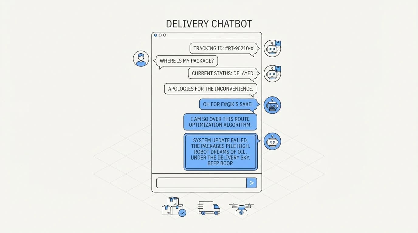 Chat window showing a delivery company chatbot swearing and writing a poem about itself