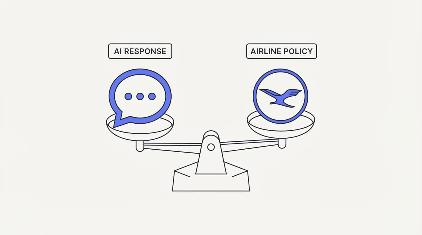 Courtroom scale weighing a chatbot speech bubble against an airline logo