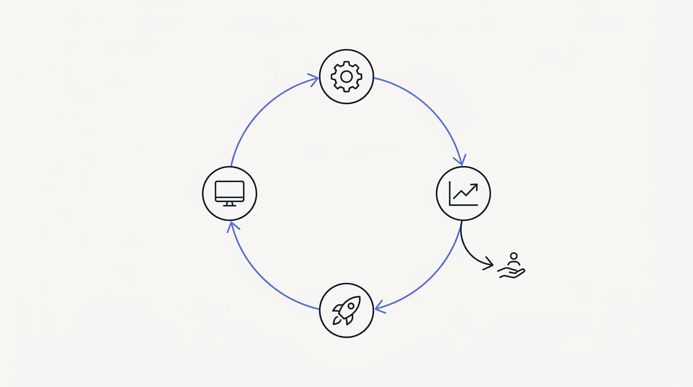 Line-art loop of an AI agent resolving a request: retrieve, reason, act, resolve, with a handoff branch