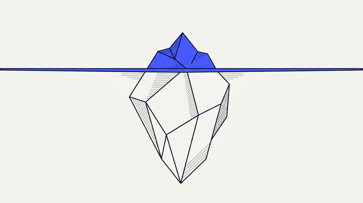 Iceberg-style illustration showing the visible token cost of AI support above water and hidden setup, monitoring, and escalation costs below