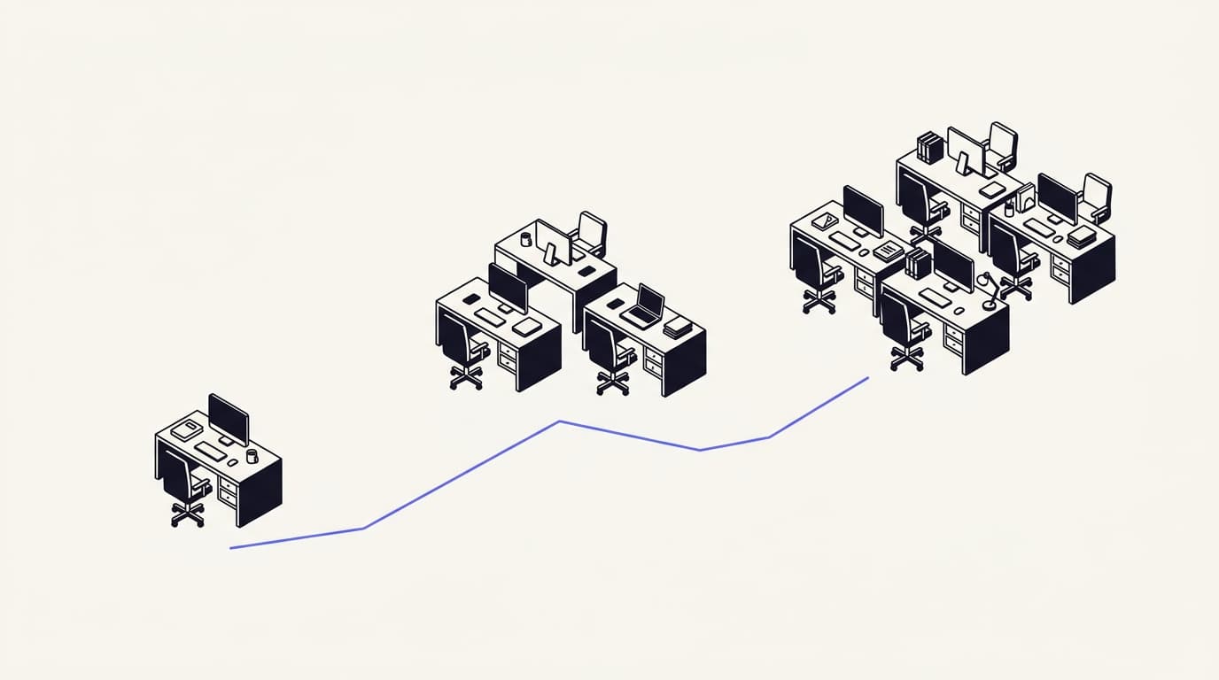 Isometric workflow diagram showing three team-size scenarios and how AI support cost scales with ticket volume