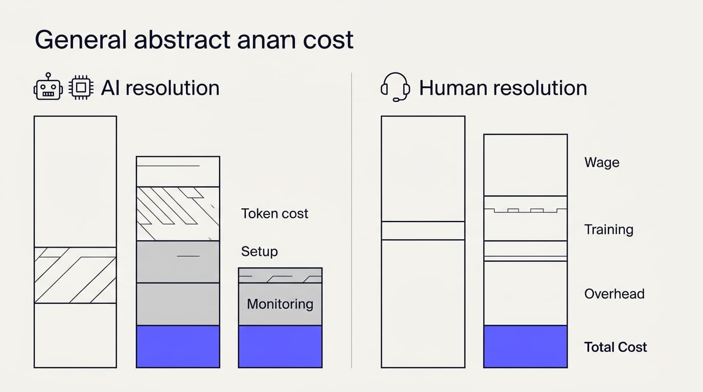 Infographic comparing per-ticket cost drivers of AI customer support versus human support agents