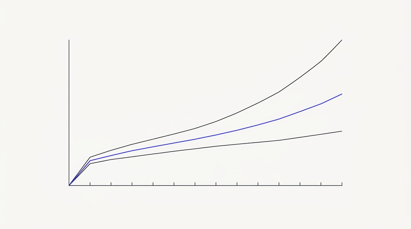 Line-art flow of forecasting a year of AI customer support spend across low, expected, and high volume cases