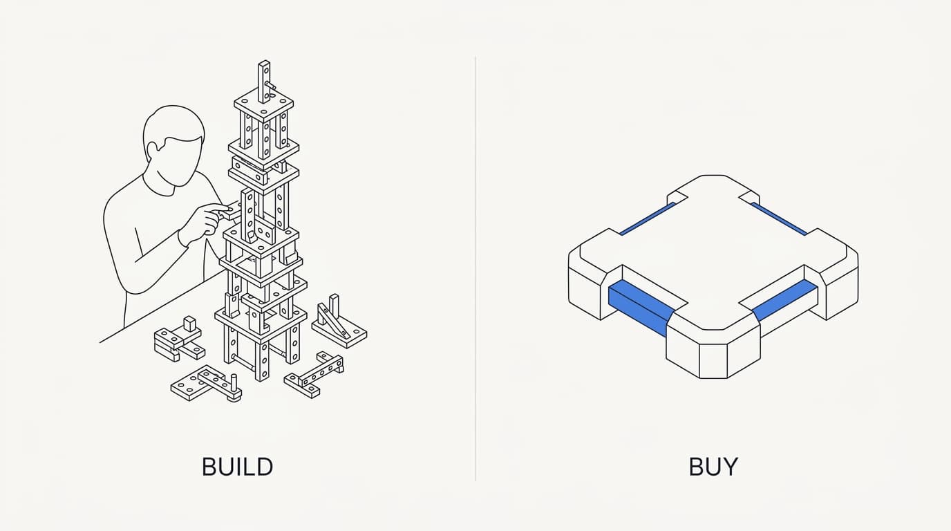 Isometric comparison of building an AI support agent in-house versus buying a purpose-built platform