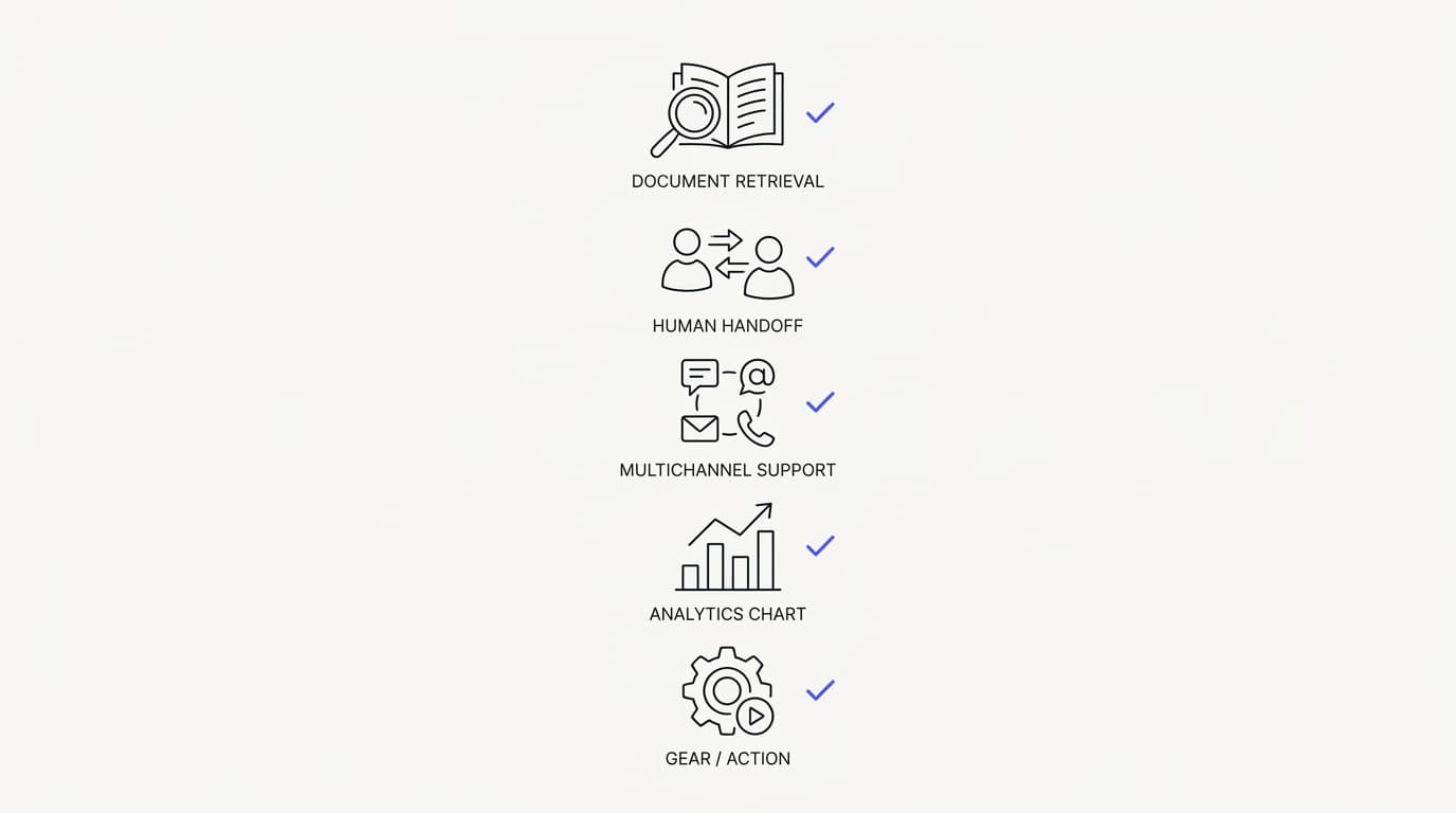 Line-art checklist of core AI customer support software capabilities: retrieval, human handoff, multichannel, analytics, actions