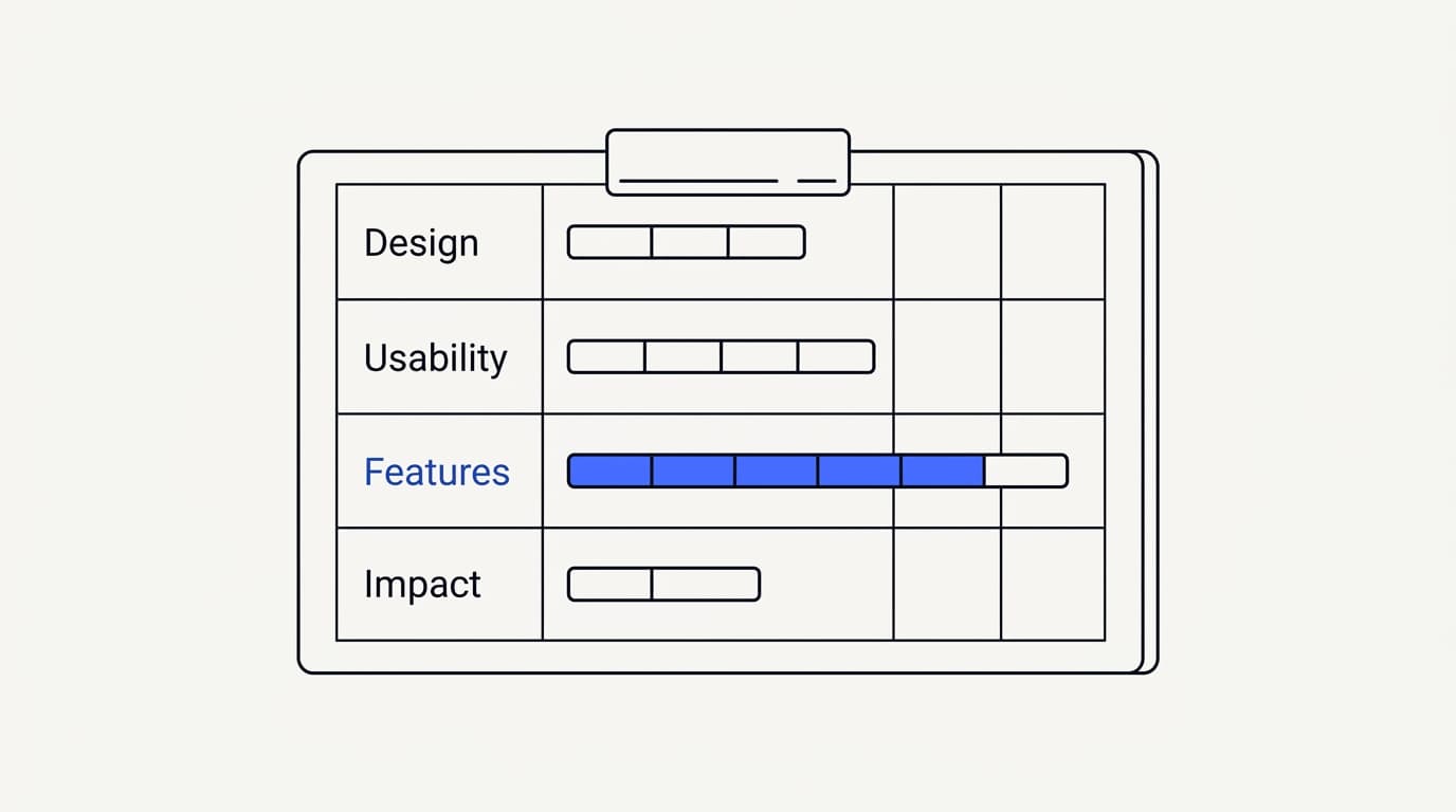 Line-art scorecard for evaluating AI customer support software against weighted criteria