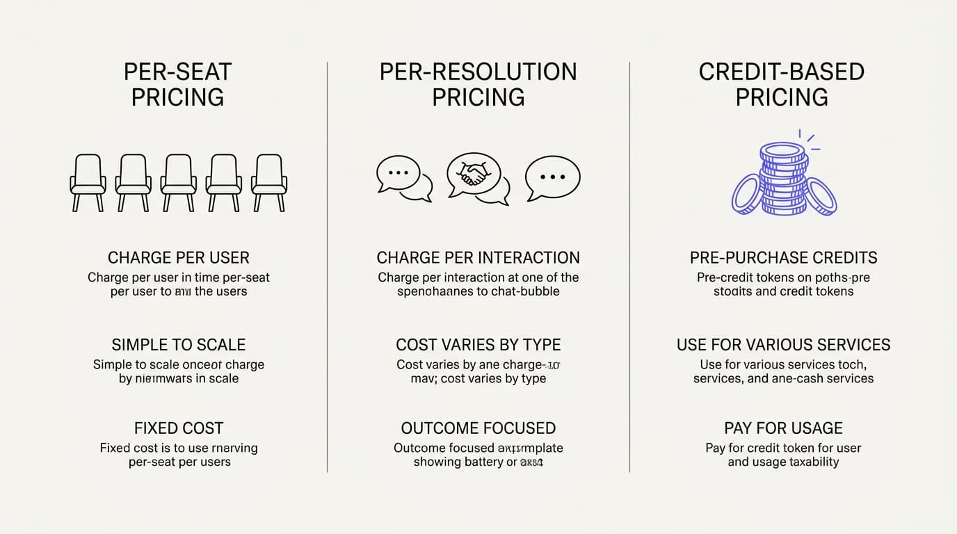 Line-art comparison of per-seat, per-resolution, and credit-based pricing models for AI support software
