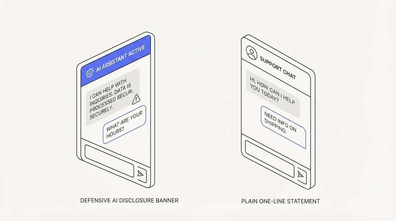 Comparison of a defensive AI disclosure banner versus a plain one-line opening statement in a chat widget