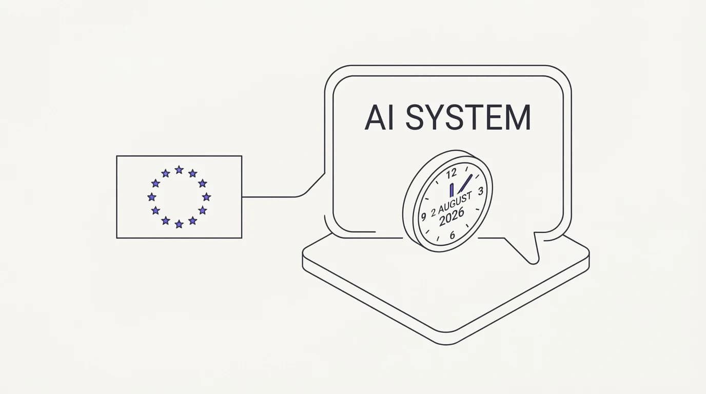 An EU flag beside a chat bubble labeled AI system with a clock marking 2 August 2026