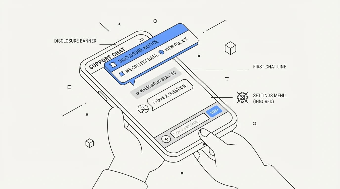 Flow showing a disclosure message positioned as the first line of a chat conversation rather than buried in a settings menu
