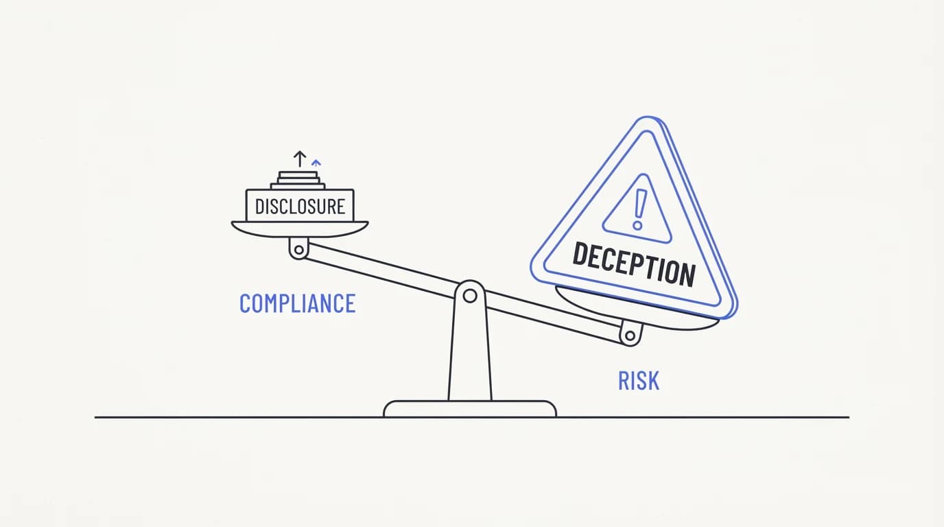 Scale weighing a small compliant disclosure line against a large warning triangle representing discovered deception