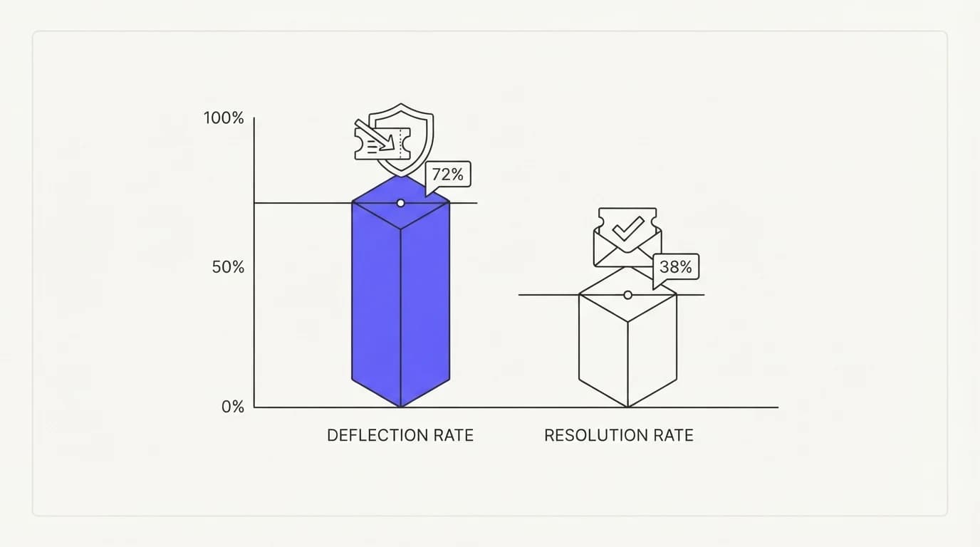 Bar chart comparing a 72 percent deflection rate against a 38 percent resolution rate calculated from the same month of
