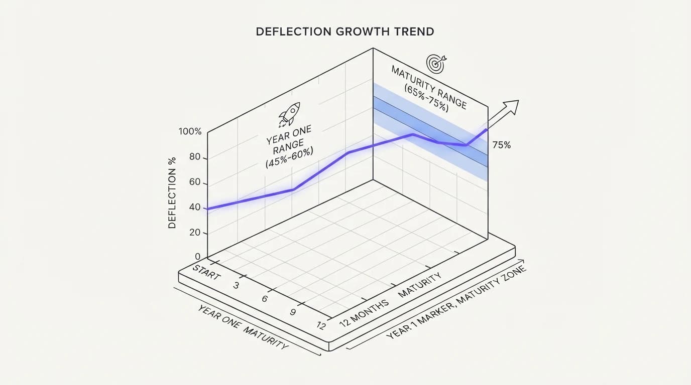 Line chart showing deflection climbing from a 45 to 60 percent year one range toward a 65 to 75 percent maturity range