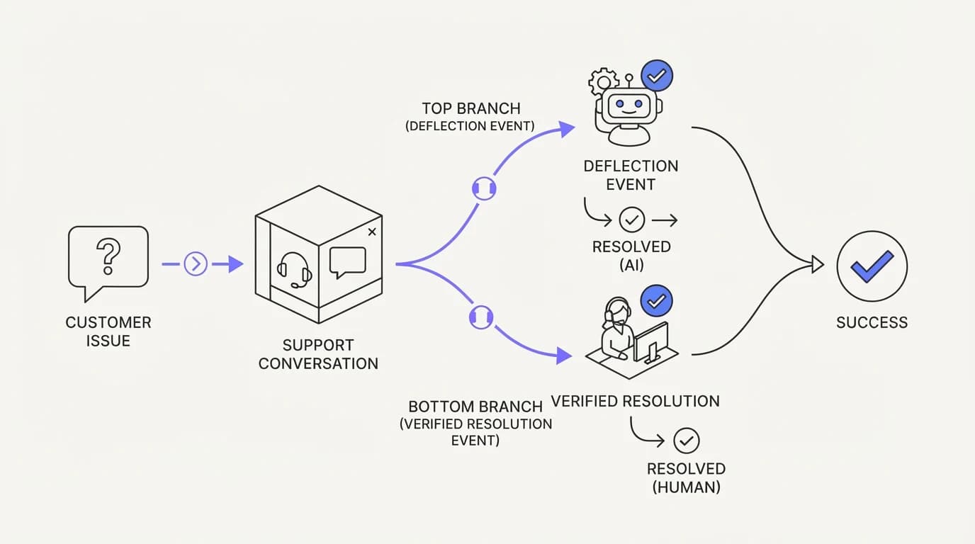 Splitting one support conversation into a deflection event and a separately verified resolution event
