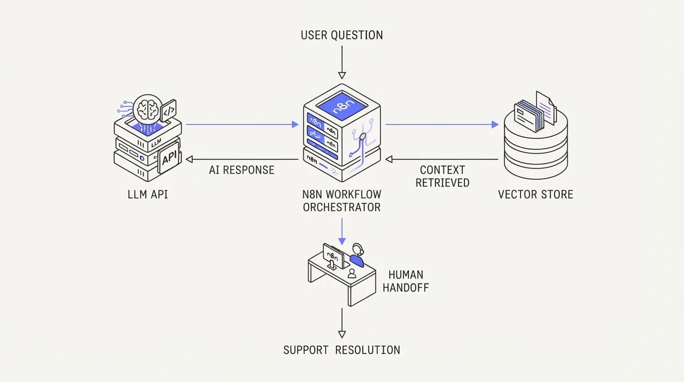 Flowchart of a DIY n8n support agent build showing the workflow orchestrator, vector store, LLM API, and human handoff node