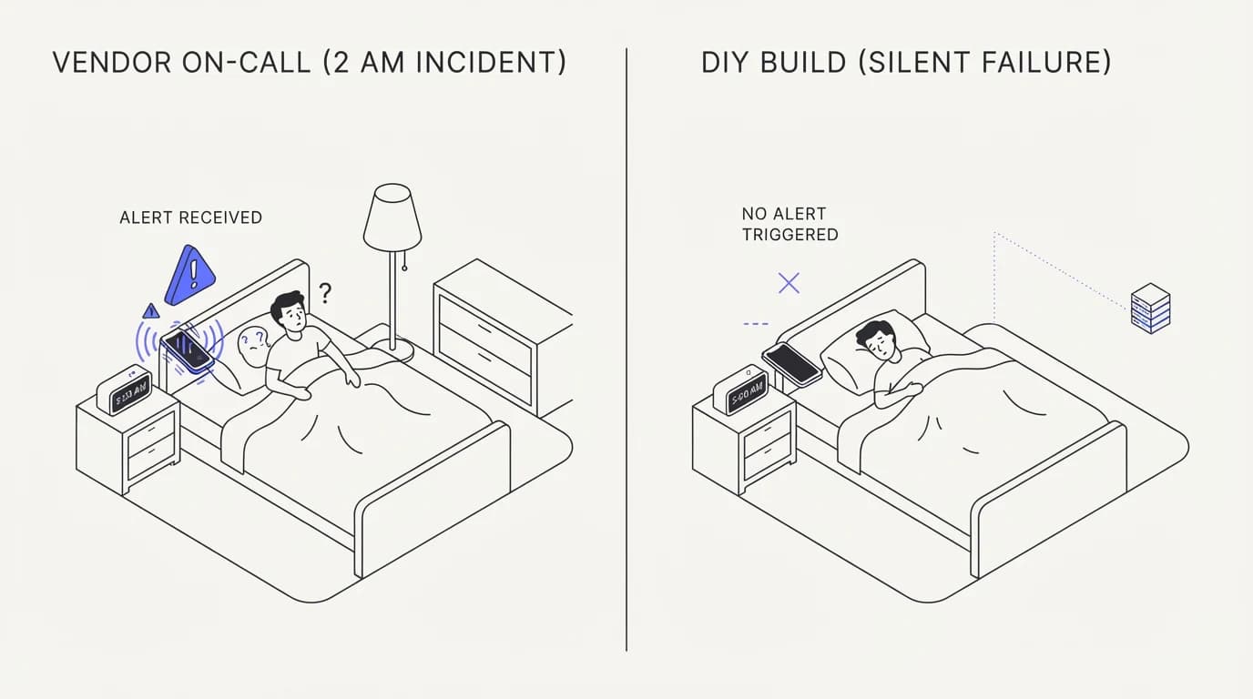 Split illustration of a 2am incident alert reaching a vendor on-call team versus a silent failure with no alert on a DIY