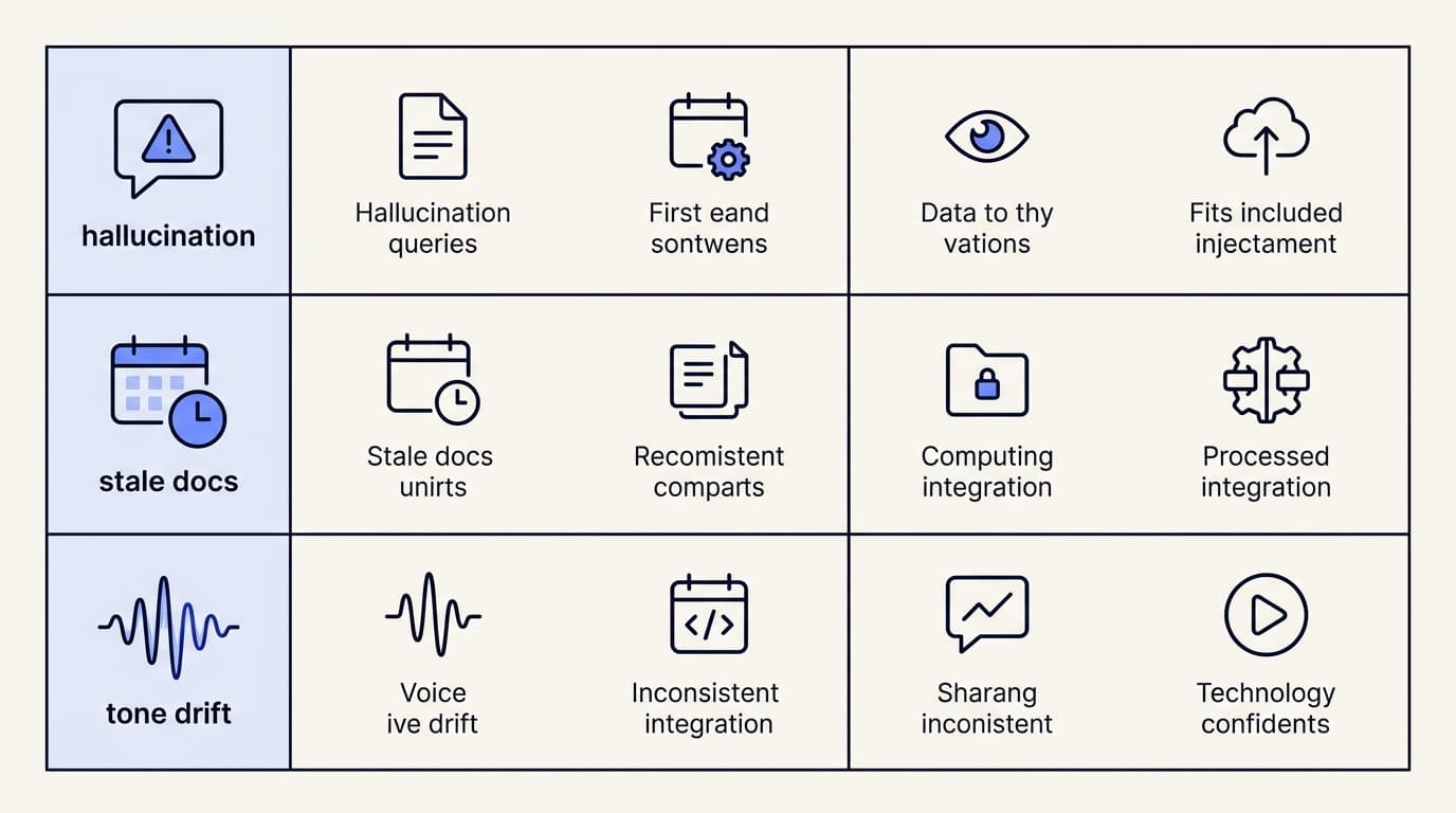 Data infographic matrix mapping three common AI support agent failure modes to their detection methods