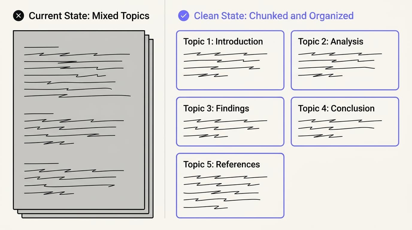Comparison infographic showing poorly chunked versus well chunked knowledge base content for AI retrieval