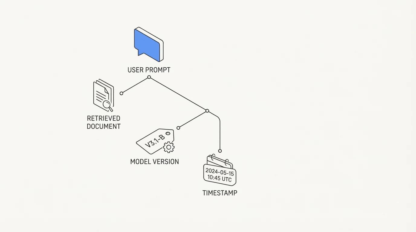A single chat bubble branching backward into a retrieved document, a model version tag, and a timestamp