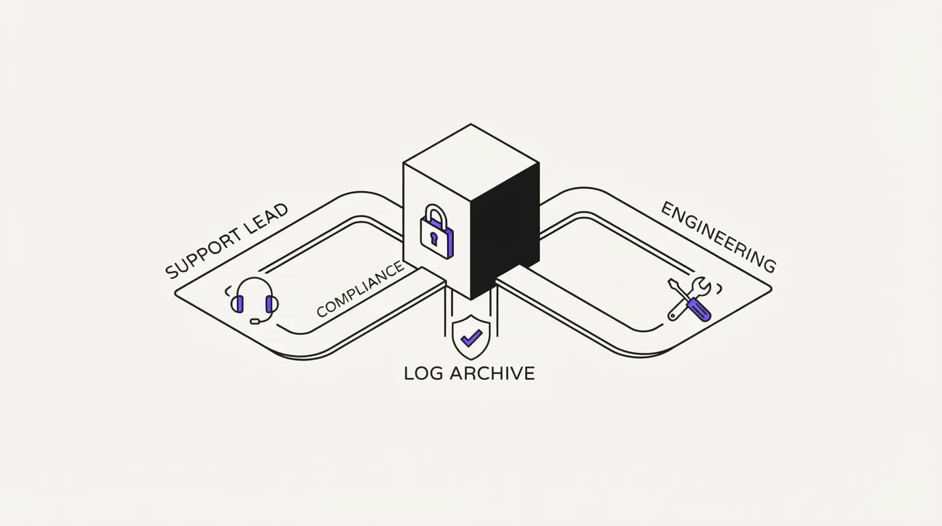 A locked log archive with three role-based access paths labeled support lead, compliance, and engineering