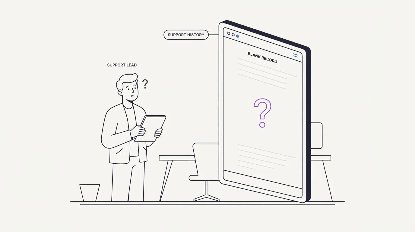Scene of a support lead facing a blank record where a conversation trail should be, with a question mark over a missing