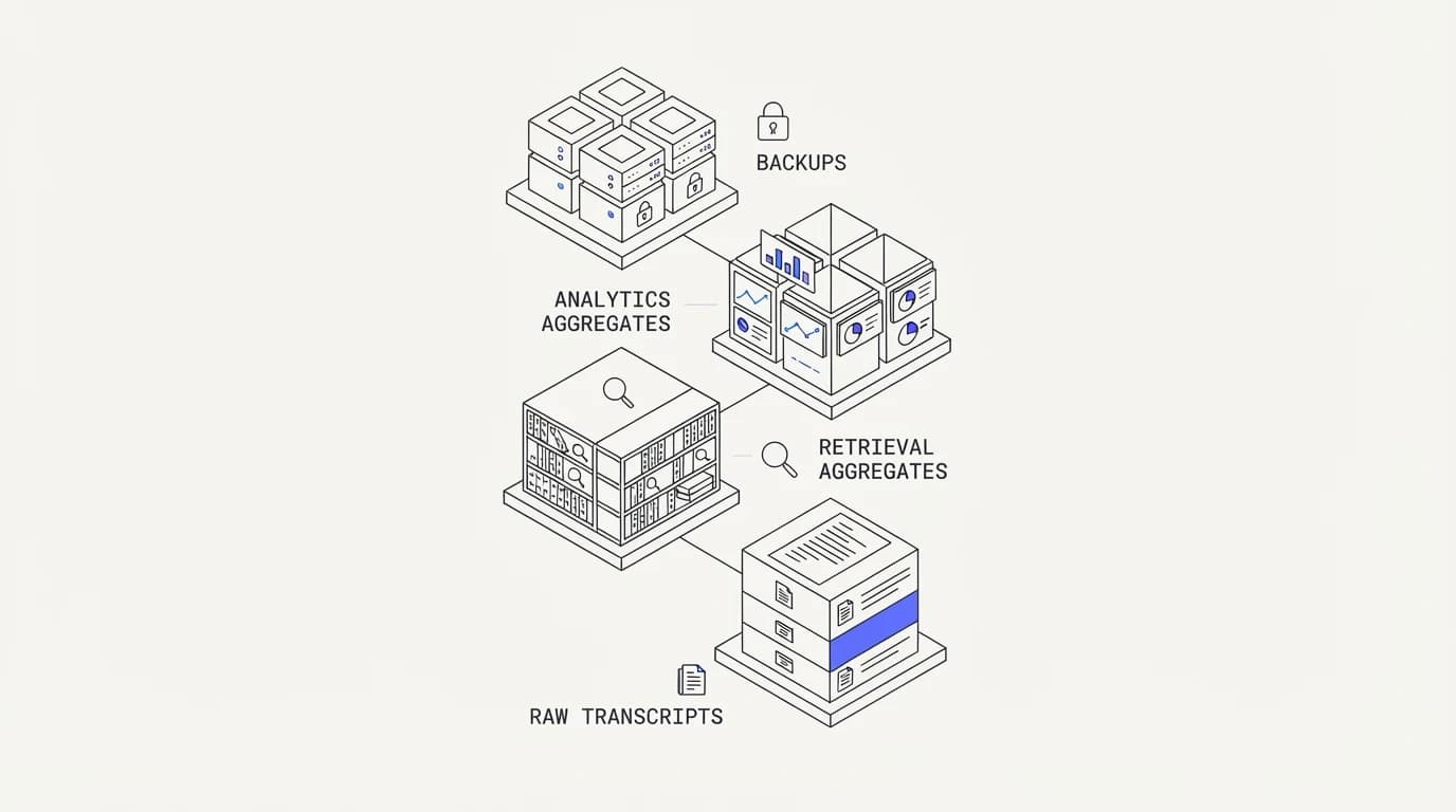 Four separate storage locations in a support stack: raw transcripts, a retrieval index, analytics aggregates, and backups