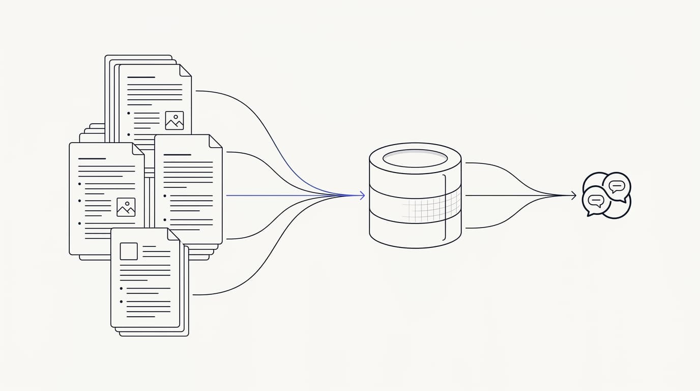 Line-art diagram of help-center articles and documents flowing into a retrieval knowledge base for an AI support agent