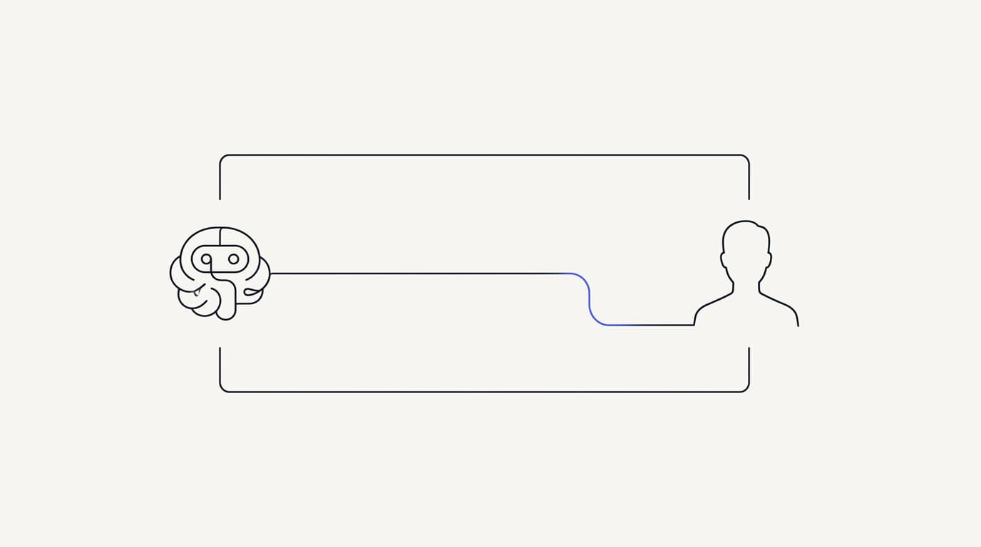 Line-art diagram of an AI agent handing a conversation to a human agent in a shared inbox without the customer repeating themselves