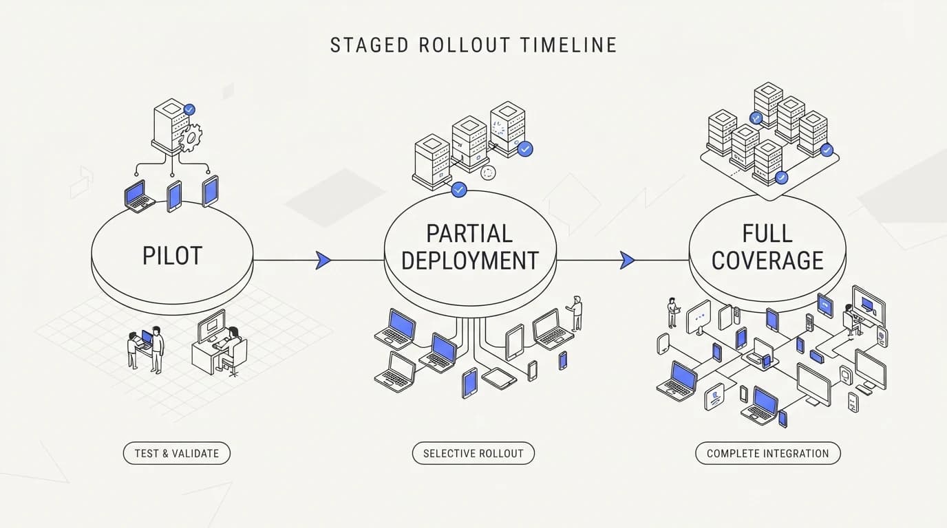 Staged rollout timeline moving from pilot to partial deployment to full coverage