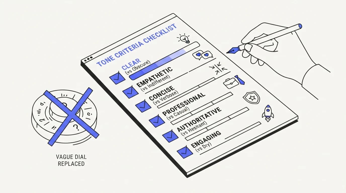 Checklist replacing a vague personality dial with specific graded tone criteria