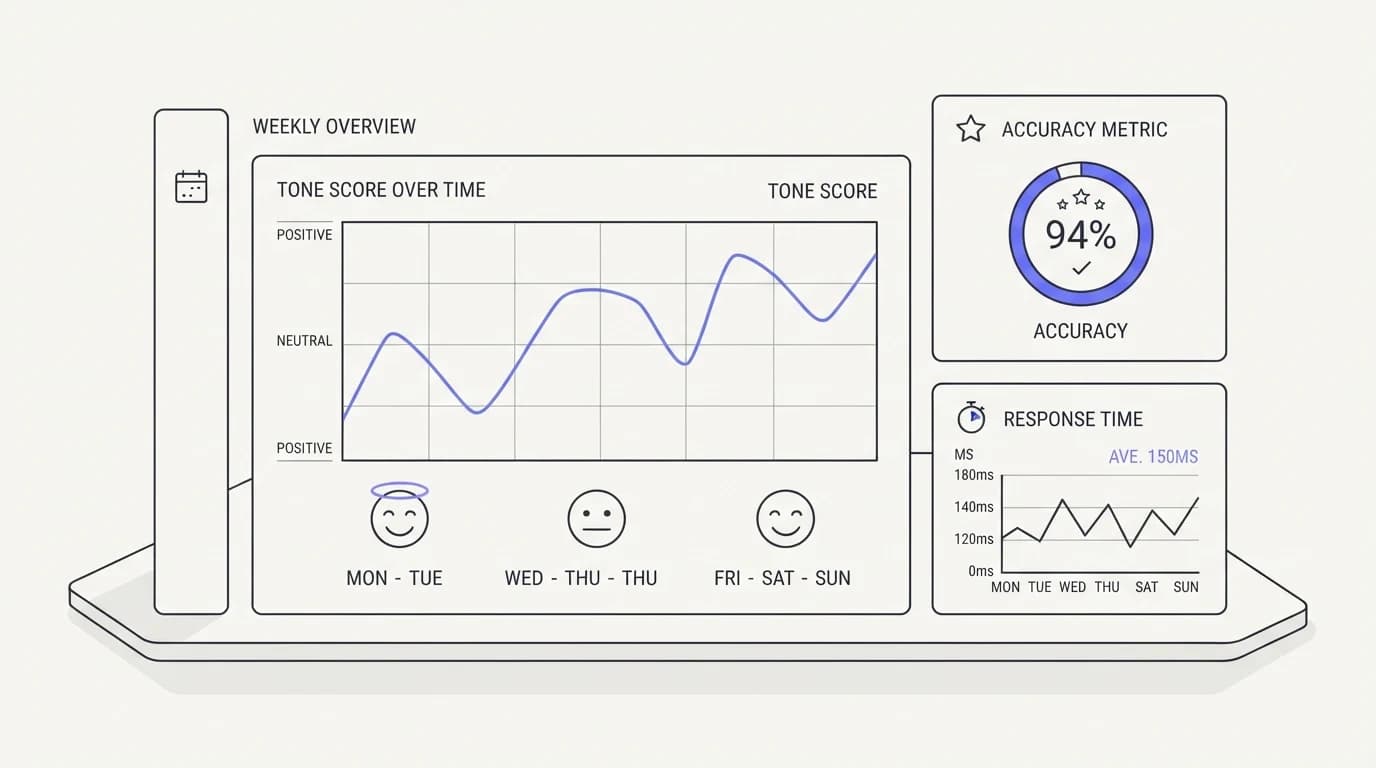 Dashboard tracking tone score over time next to accuracy and response time metrics