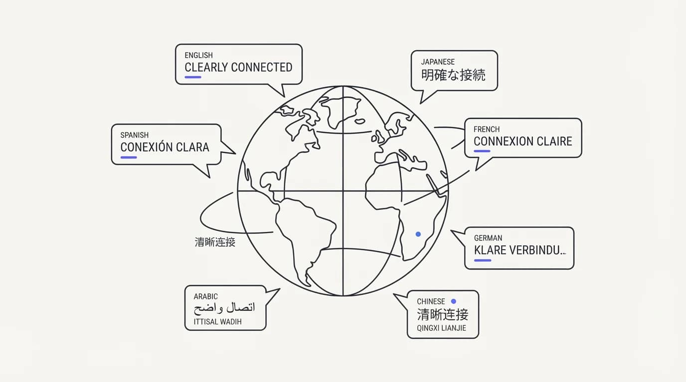 Globe with speech bubbles in different languages, each carrying the same consistent tone