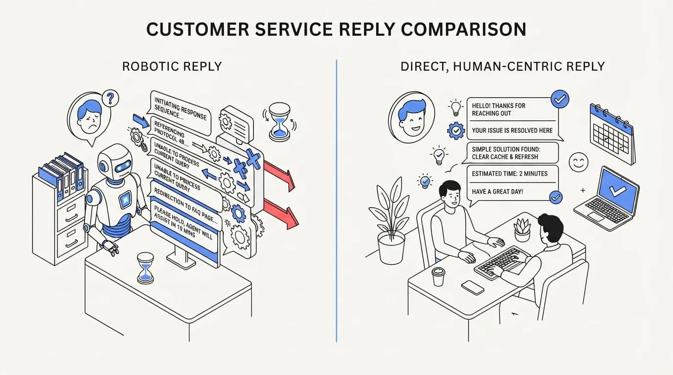 Side by side of a robotic reply and a rewritten, direct reply for the same customer question