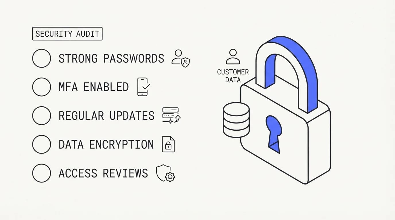 Checklist of five security questions beside a padlock icon representing customer data