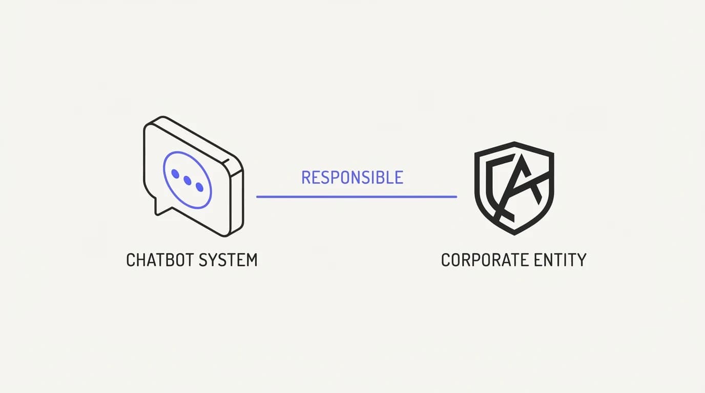 A chatbot bubble and a company logo connected by a single line labeled responsible