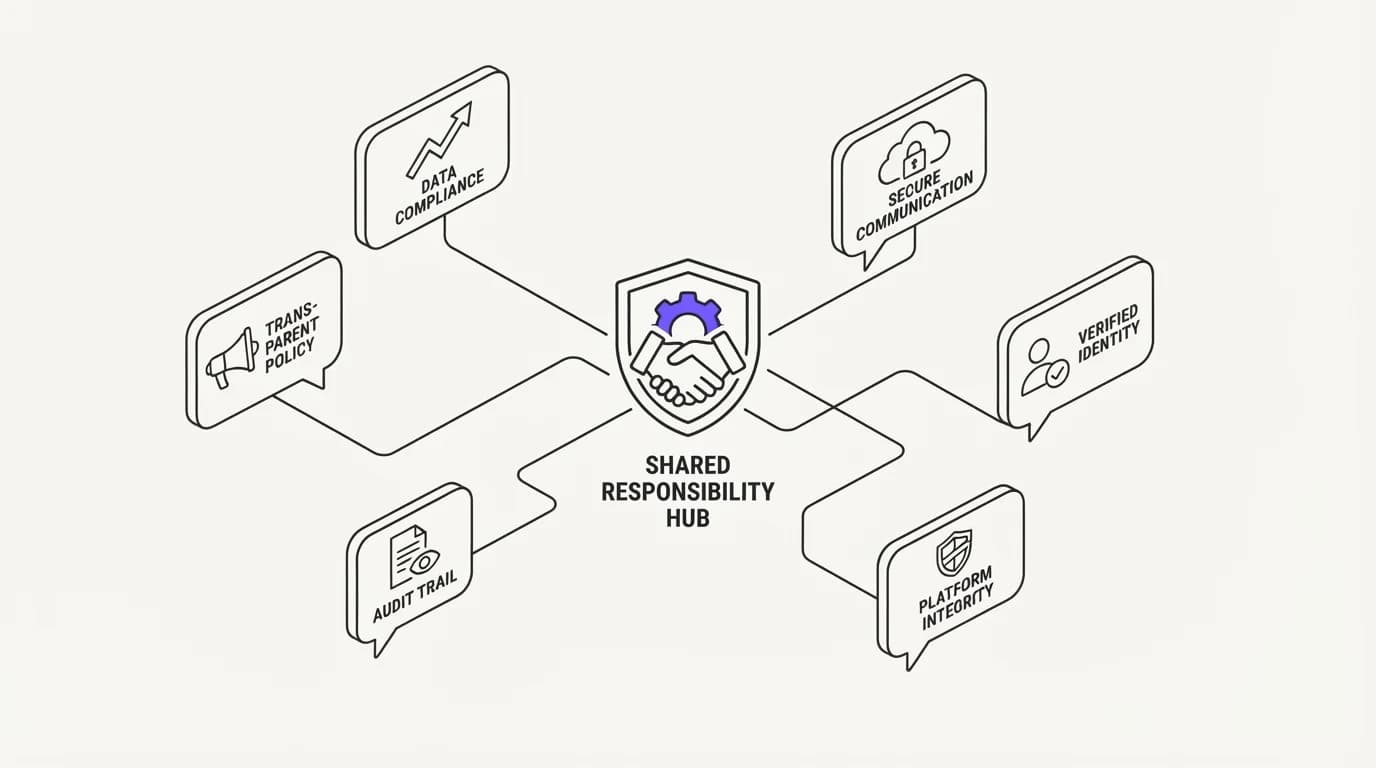 Collection of chat bubbles from different companies, each connected back to the same responsibility symbol
