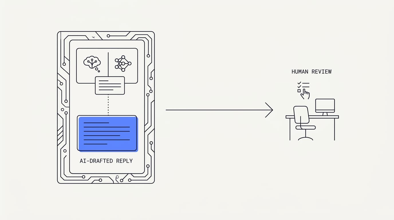 Line-art diagram of an AI agent drafting a grounded reply and summary for a human agent to review