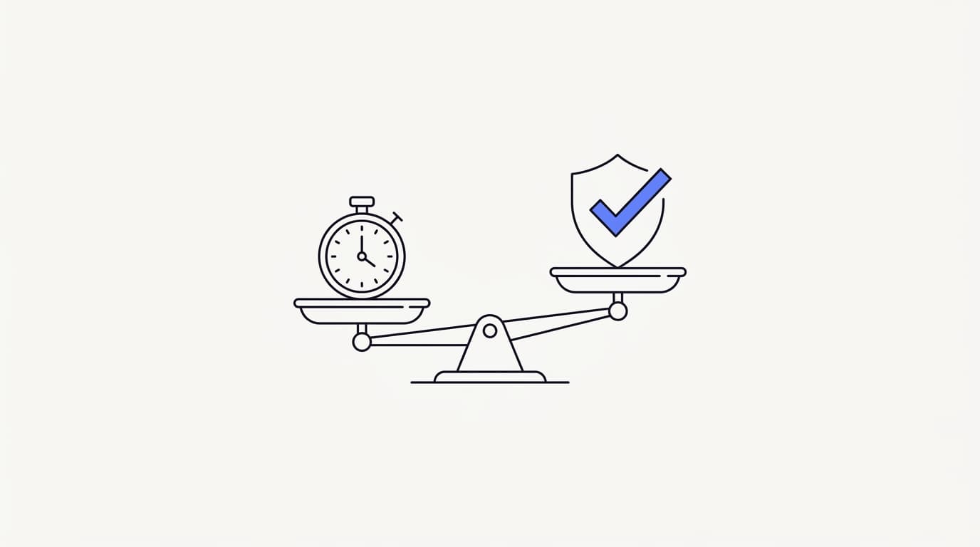 Line-art illustration of a balance scale weighing handle time speed against resolution quality