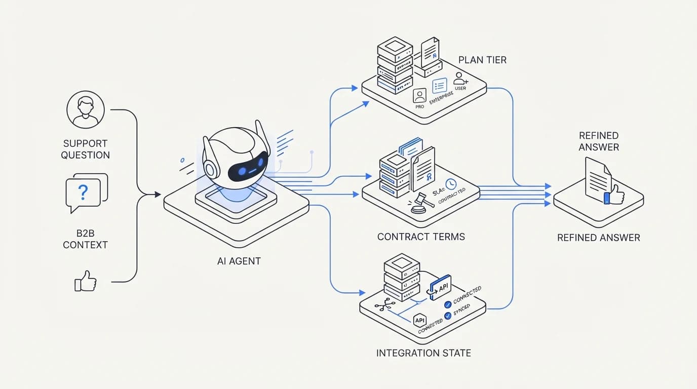 An AI agent pulling plan tier, contract terms, and integration state before answering a B2B support question