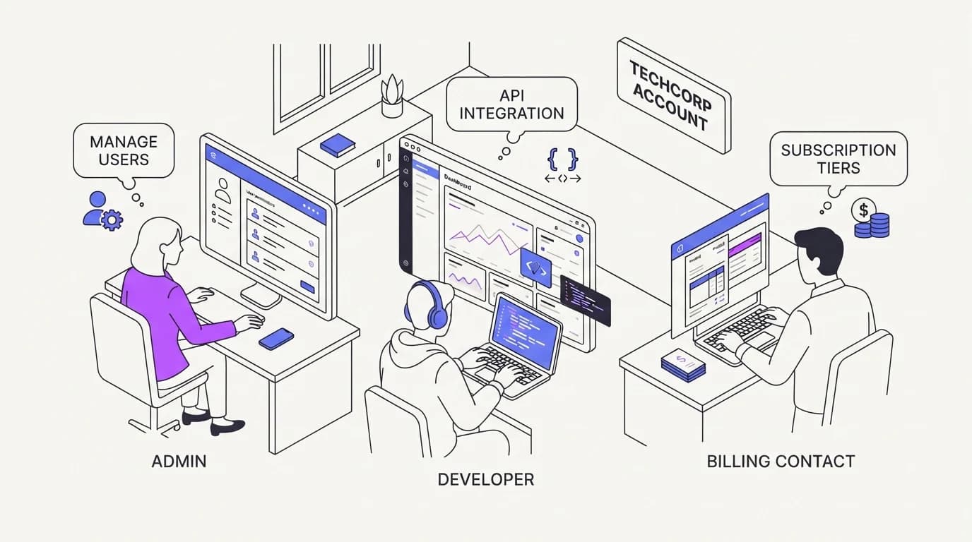 Multiple stakeholders at one B2B account, an admin, a developer, and a billing contact, asking different scoped questions