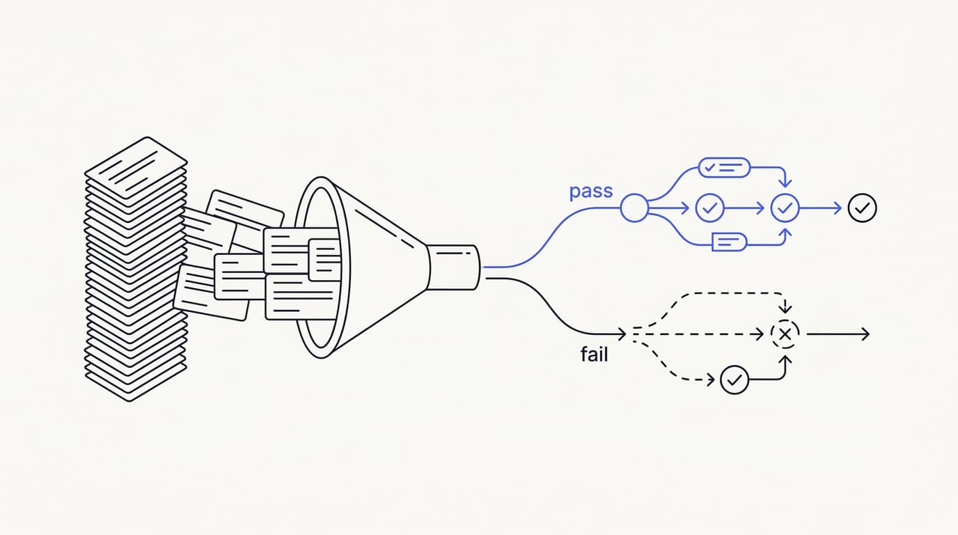 Line-art flow of testing AI support chatbots against real ticket history with one rubric