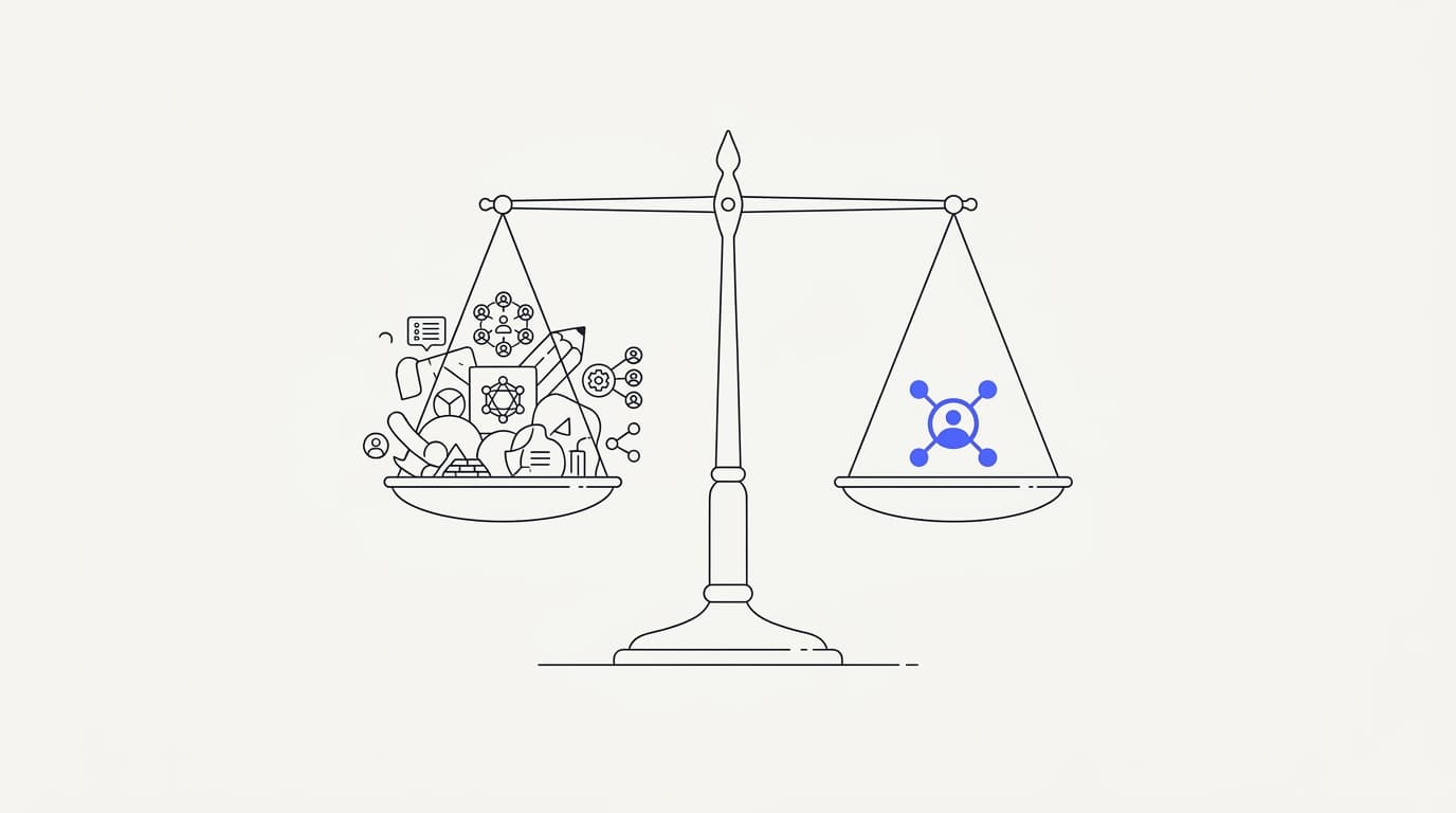 Line-art balance weighing an AI support agent platform strengths against its honest limitations