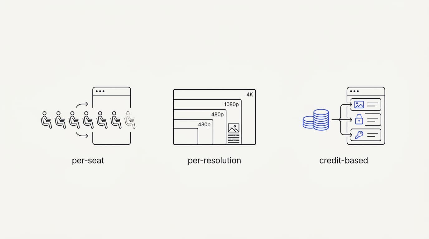 Line-art comparison of per-seat, per-resolution, and credit-based pricing for support chatbots